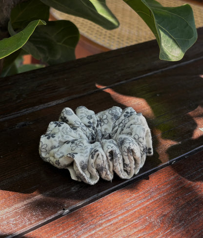 Beige Floral Scrunchie with Dark Gray Flowers