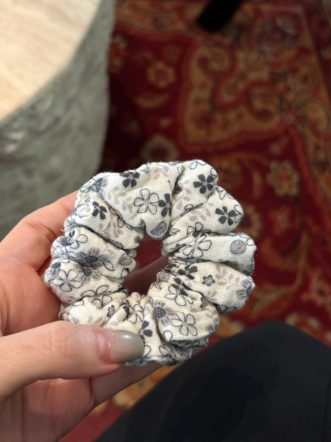 Beige Floral Scrunchie with Dark Gray Flowers