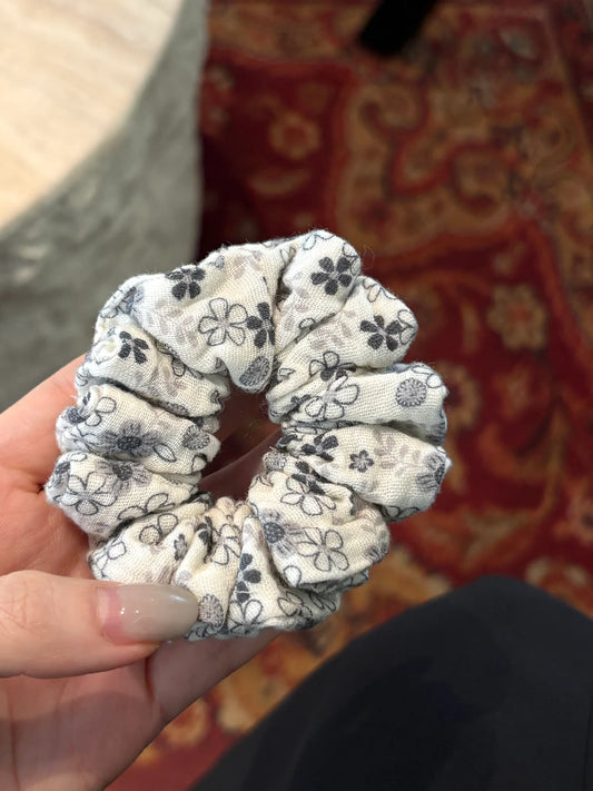 Beige Floral Scrunchie with Dark Gray Flowers