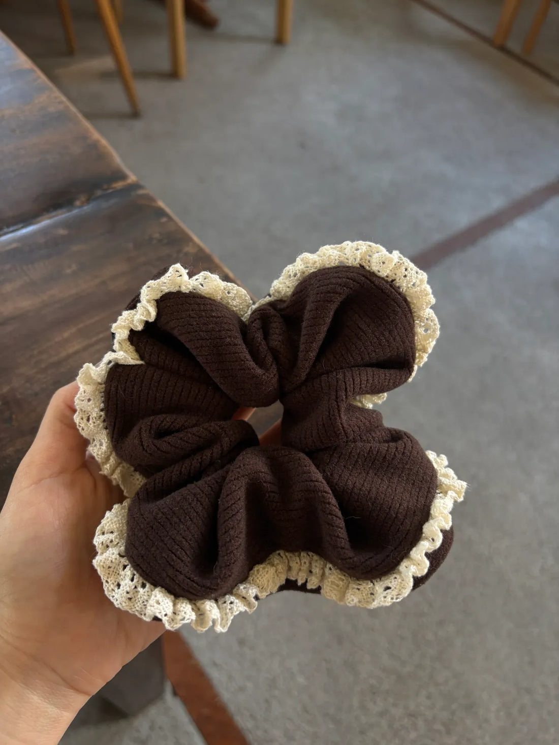 Dark Brown Ribbed Knit Scrunchie with Beige Lace Trim