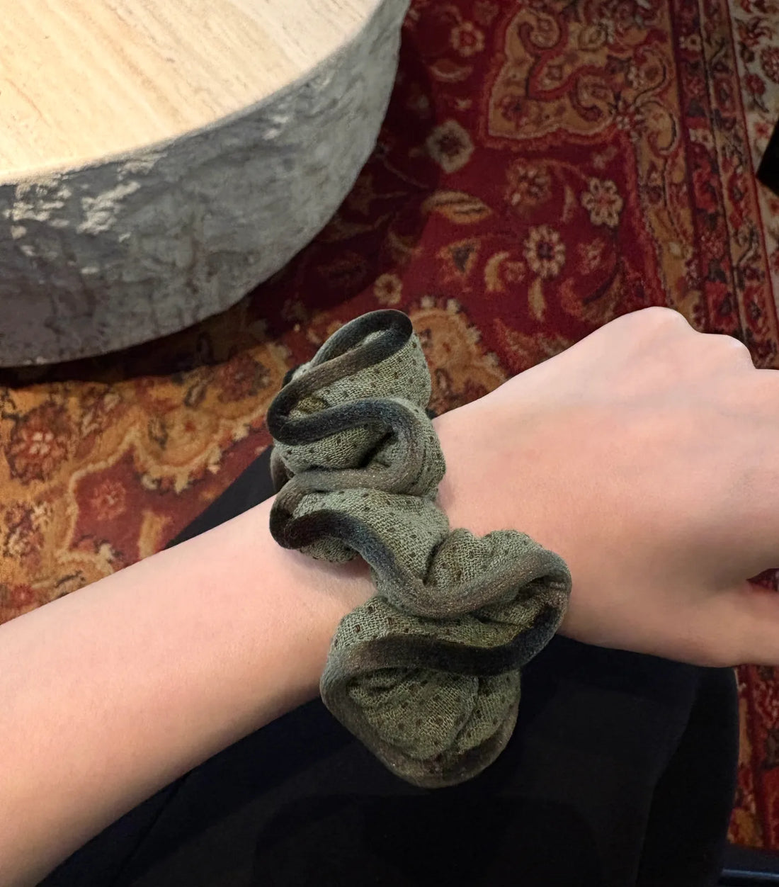 Olive Green Textured Scrunchie with Dark Trim